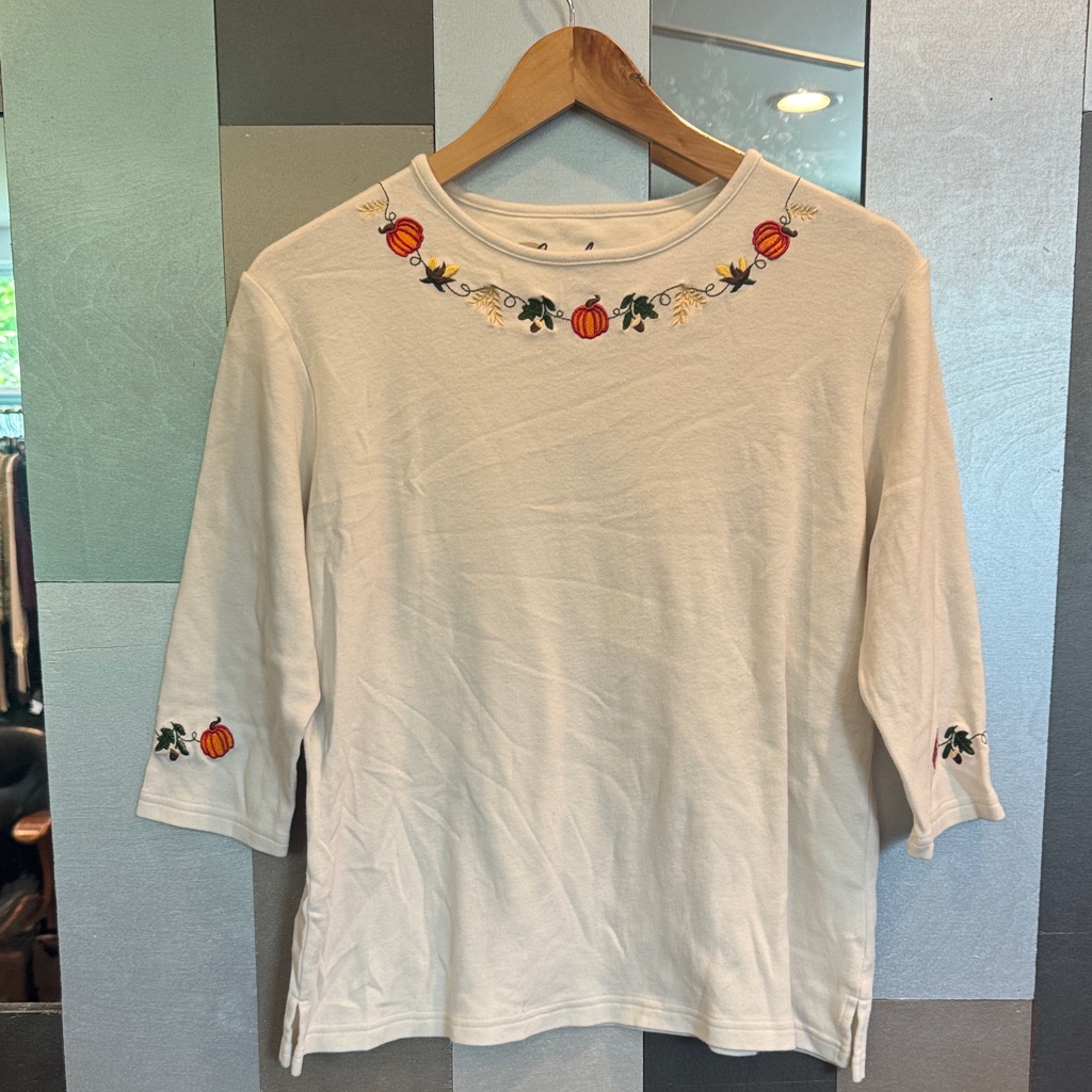 Coral Bay Cream Top With Fall Pumpkin Embroidery